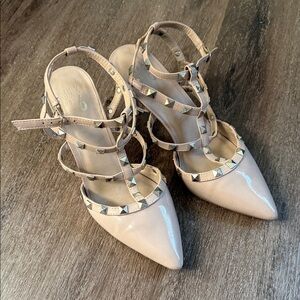 Studded Nude Patent Pointed-Toe Strappy Heels